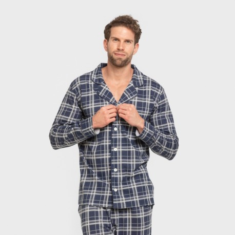 Pijama largo camisero algodón hombre Cuadro Brais azul pijamas-largos-hombre