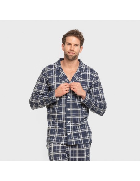 Pijama largo camisero algodón hombre Cuadro Brais azul pijamas-largos-hombre