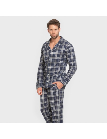 Pijama largo camisero algodón hombre Cuadro Brais azul pijamas-largos-hombre