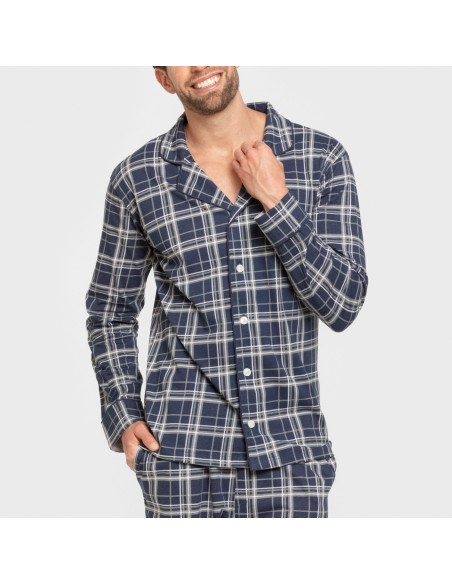 Pijama largo camisero algodón hombre Cuadro Brais azul pijamas-largos-hombre
