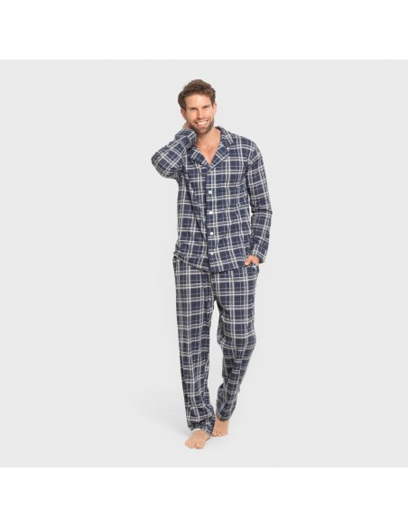 Pijama largo camisero algodón hombre Cuadro Brais azul pijamas-largos-hombre