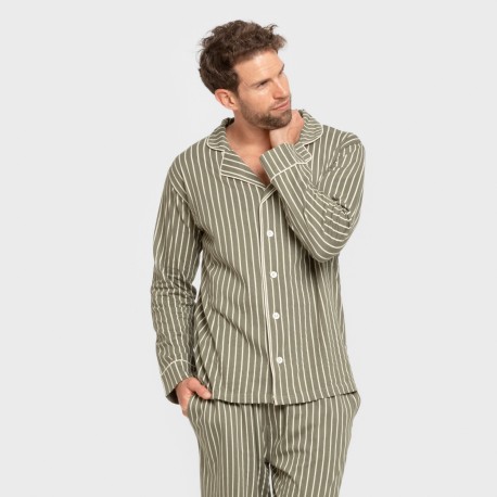 Pijama largo camisero algodón hombre Raya John verde caceria pijamas-largos-hombre
