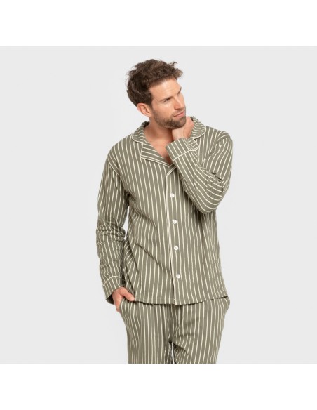 Pijama largo camisero algodón hombre Raya John verde caceria pijamas-largos-hombre