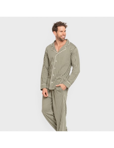 Pijama largo camisero algodón hombre Raya John verde caceria pijamas-largos-hombre