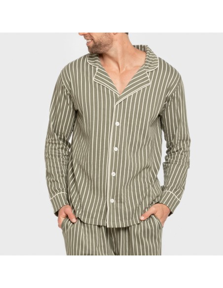 Pijama largo camisero algodón hombre Raya John verde caceria pijamas-largos-hombre