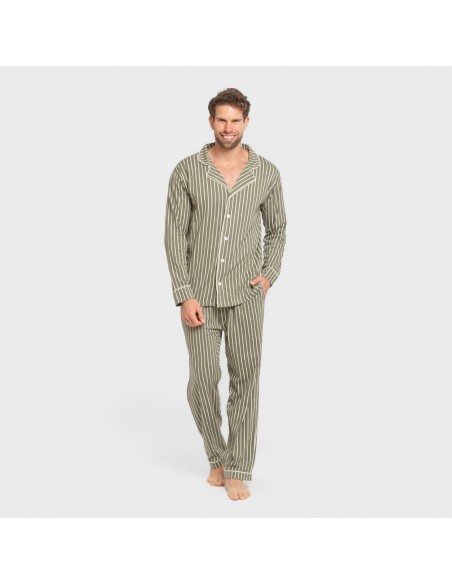 Pijama largo camisero algodón hombre Raya John verde caceria pijamas-largos-hombre