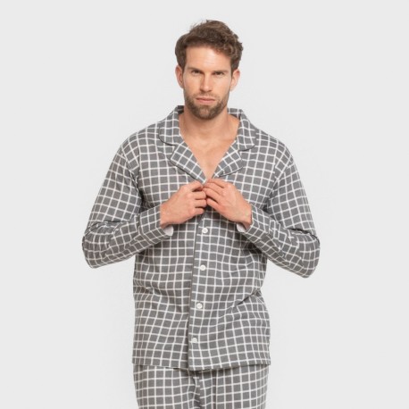 Pijama largo camisero algodón hombre Cuadro Roberto gris pijamas-largos-hombre