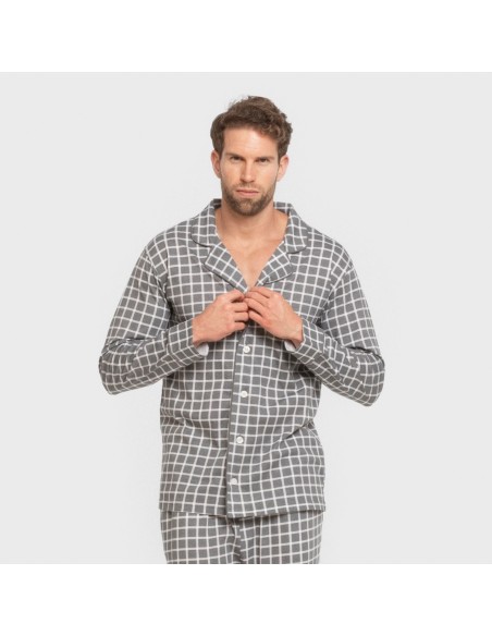 Pijama largo camisero algodón hombre Cuadro Roberto gris pijamas-largos-hombre