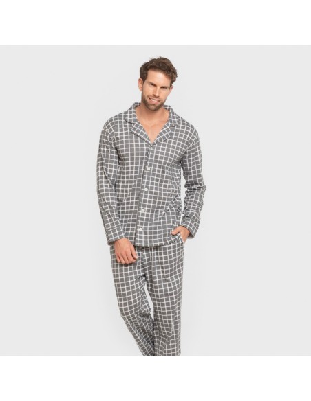 Pijama largo camisero algodón hombre Cuadro Roberto gris pijamas-largos-hombre