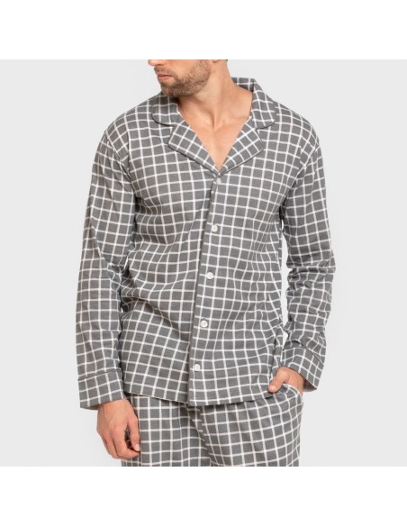 Pijama largo camisero algodón hombre Cuadro Roberto gris pijamas-largos-hombre
