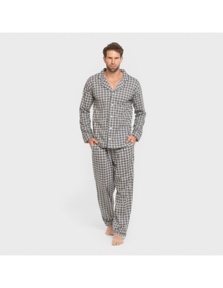 Pijama largo camisero algodón hombre Cuadro Roberto gris pijamas-largos-hombre