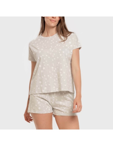 Pijama corto manga fluida algodón mujer Estrellita gris pijamas-cortos-mujer