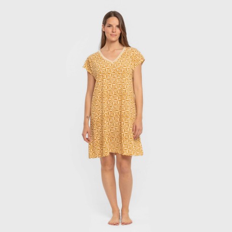 Vestido corto manga fluida crepe Corinto ocre vestidos-y-blusones-mujer