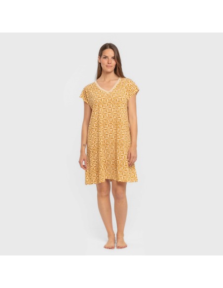 Vestido corto manga fluida crepe Corinto ocre vestidos-y-blusones-mujer