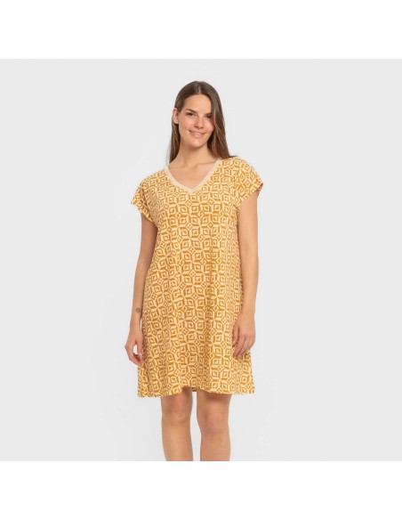 Vestido corto manga fluida crepe Corinto ocre vestidos-y-blusones-mujer