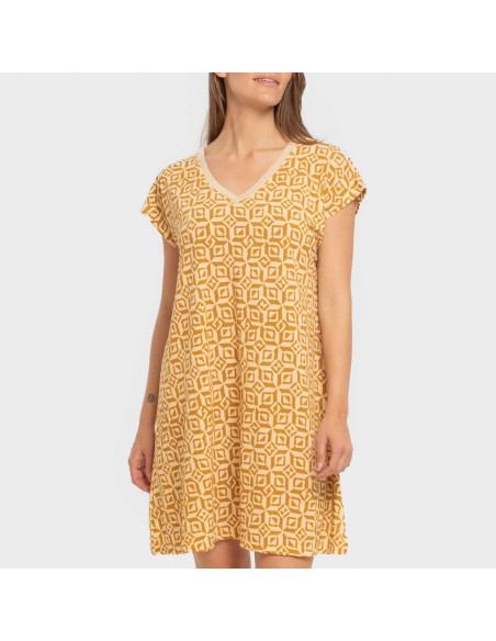Vestido corto manga fluida crepe Corinto ocre vestidos-y-blusones-mujer
