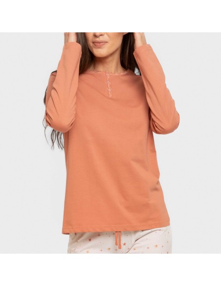 Pijama largo algodón Condy ocre - caldera pijamas-largos-de-mujer