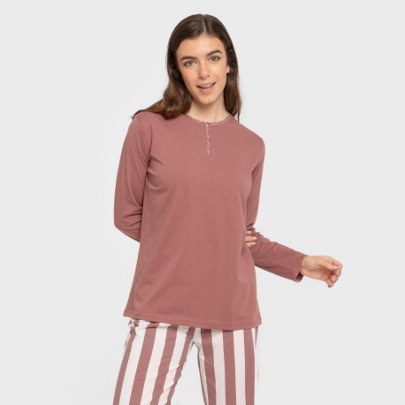 Pijama largo algodón Raya Elvis malva rosa pijamas-largos-de-mujer