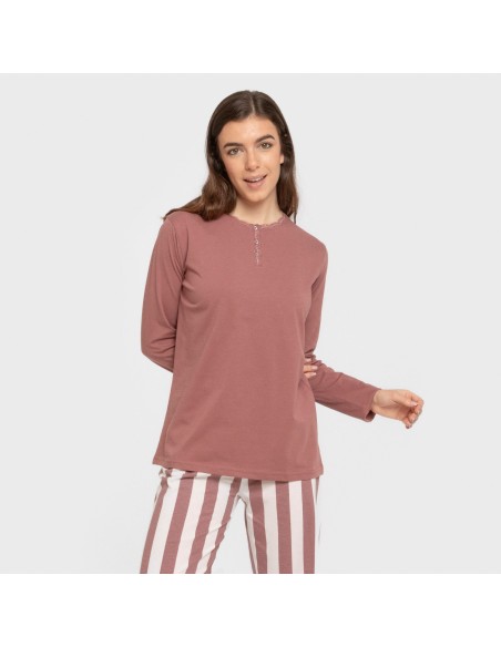 Pijama largo algodón Raya Elvis malva rosa pijamas-largos-de-mujer