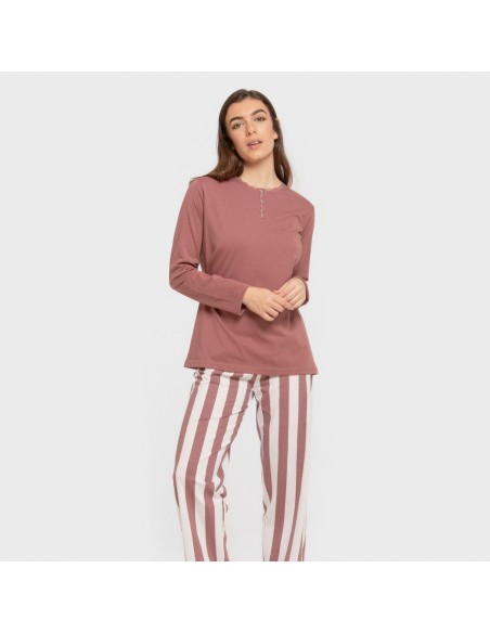 Pijama largo algodón Raya Elvis malva rosa pijamas-largos-de-mujer