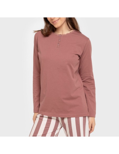 Pijama largo algodón Raya Elvis malva rosa pijamas-largos-de-mujer