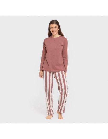 Pijama largo algodón Raya Elvis malva rosa pijamas-largos-de-mujer