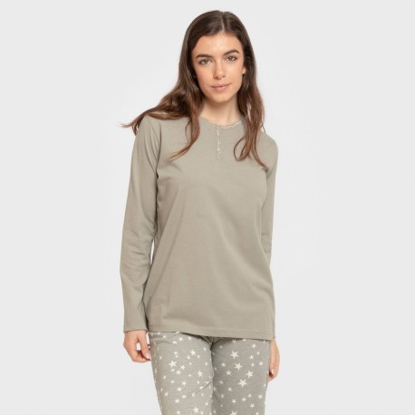 Pijama largo algodón Estrellita verde seco pijamas-largos-de-mujer