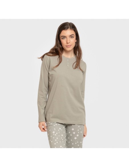 Pijama largo algodón Estrellita verde seco pijamas-largos-de-mujer