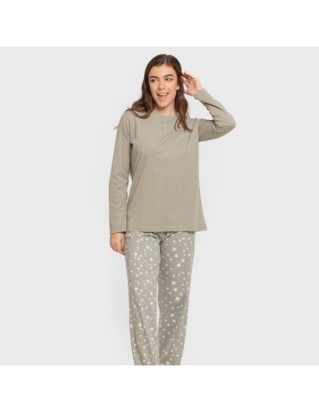 Pijama largo algodón Estrellita verde seco pijamas-largos-de-mujer