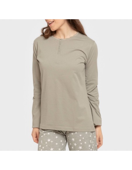Pijama largo algodón Estrellita verde seco pijamas-largos-de-mujer