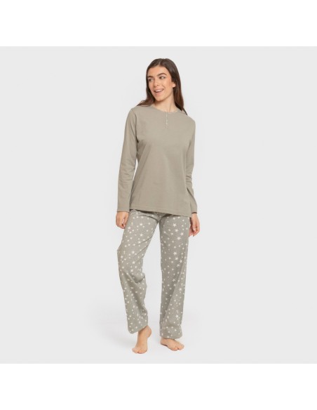 Pijama largo algodón Estrellita verde seco pijamas-largos-de-mujer