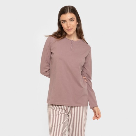 Pijama largo algodón Raya Kodac berenjena seco pijamas-largos-de-mujer