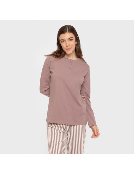 Pijama largo algodón Raya Kodac berenjena seco pijamas-largos-de-mujer