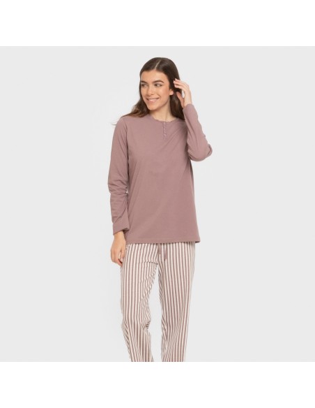 Pijama largo algodón Raya Kodac berenjena seco pijamas-largos-de-mujer