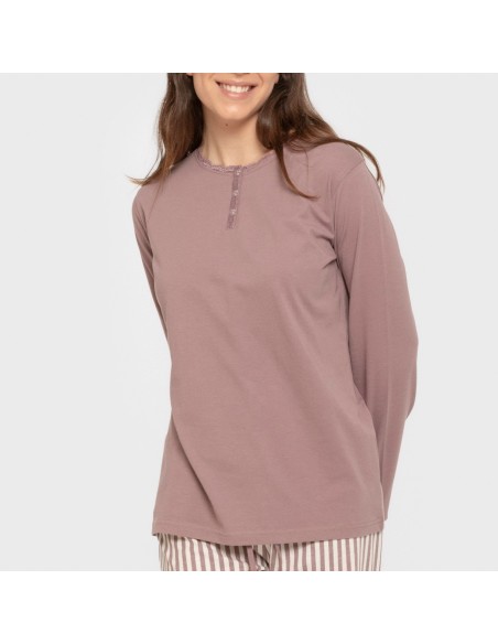 Pijama largo algodón Raya Kodac berenjena seco pijamas-largos-de-mujer
