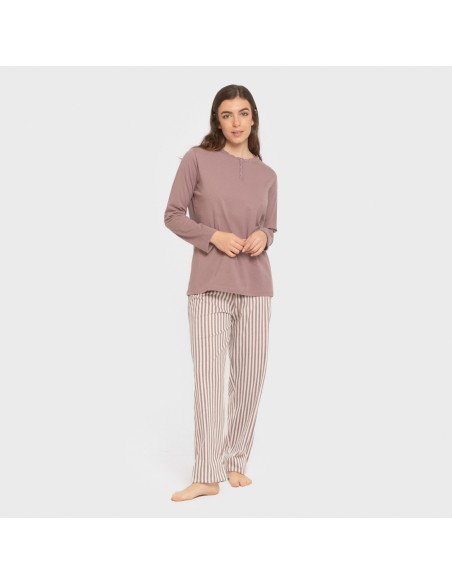 Pijama largo algodón Raya Kodac berenjena seco pijamas-largos-de-mujer