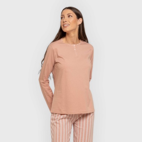 Pijama largo algodón Raya Marsella rosa keike pijamas-largos-de-mujer