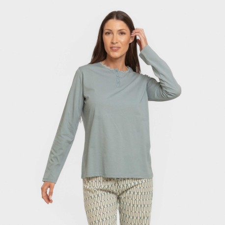 Pijama largo algodón Eucalipto celeste pijamas-largos-de-mujer