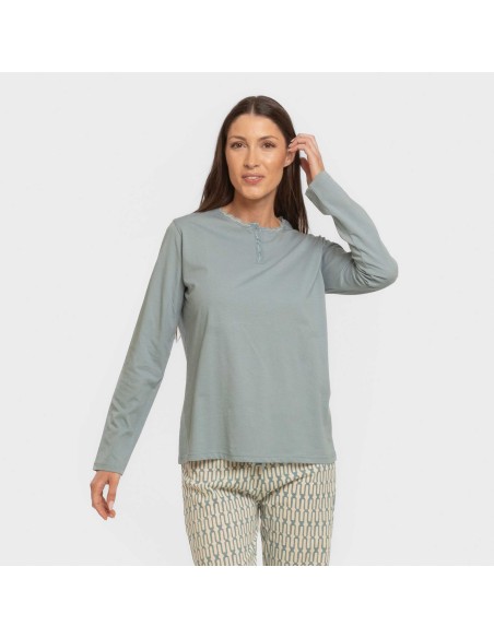 Pijama largo algodón Eucalipto celeste pijamas-largos-de-mujer