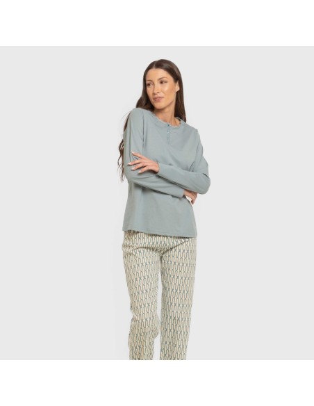 Pijama largo algodón Eucalipto celeste pijamas-largos-de-mujer