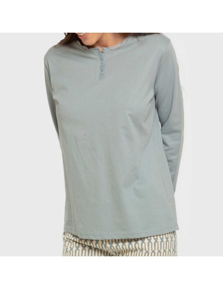 Pijama largo algodón Eucalipto celeste pijamas-largos-de-mujer