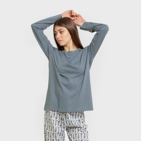 Pijama largo algodón Hibisco agua marina pijamas-largos-de-mujer