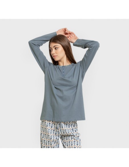 Pijama largo algodón Hibisco agua marina pijamas-largos-de-mujer