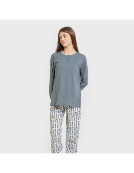 Pijama largo algodón Hibisco agua marina pijamas-largos-de-mujer