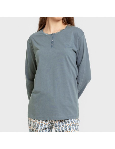 Pijama largo algodón Hibisco agua marina pijamas-largos-de-mujer