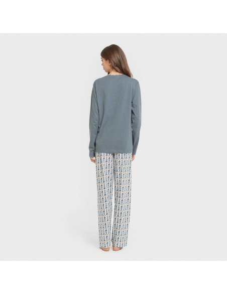 Pijama largo algodón Hibisco agua marina pijamas-largos-de-mujer