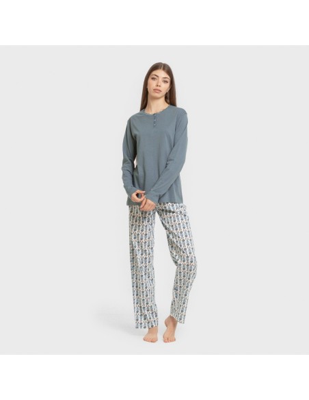 Pijama largo algodón Hibisco agua marina pijamas-largos-de-mujer