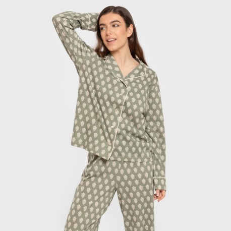 Pijama largo camisero algodón mujer Soma verde seco pijamas-largos-de-mujer