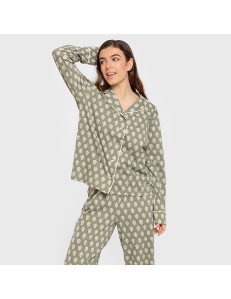 Pijama largo camisero algodón mujer Soma verde seco pijamas-largos-de-mujer