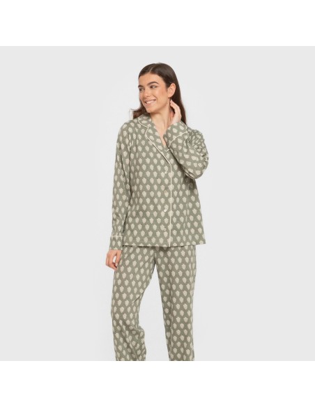 Pijama largo camisero algodón mujer Soma verde seco pijamas-largos-de-mujer